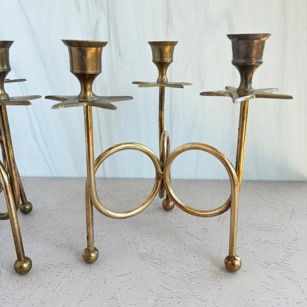 Vintage Brass Star Candelabra Pair Celestial 3-Light Taper Candle Holders Set 2